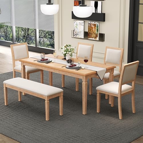Merax Farmhouse Wooden Dining Set of 6, 72 Inch Extendable Kitchen Table, 4 Chairs with Backrest, 2-Person Bench with Cushion, Rustic Kitchen Table Set w/Retro Carved Legs Natural Wood Wash Merax