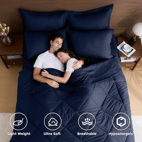 HEVUMYI Navy Blue Queen Comforter Set - 7-Piece All Season Bed in a Bag Queen, Ultra Soft Bedding Set with Comforter, Flat Sheet, Fitted Sheet, Pillowcases, Pillow Shams, Navy Blue HEVUMYI