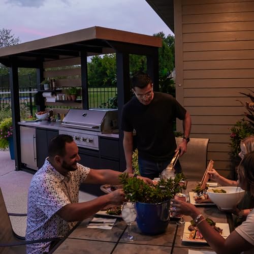 Backyard Discovery Fusion Flame Turn-Key Outdoor Kitchen with 38-inch Stainless Steel 5-burner Grill Island, Sear Zone, Infrared Burner, Outdoor-Rated Refrigerator, Storage, Steel Roof for Deck, Patio Backyard Discovery