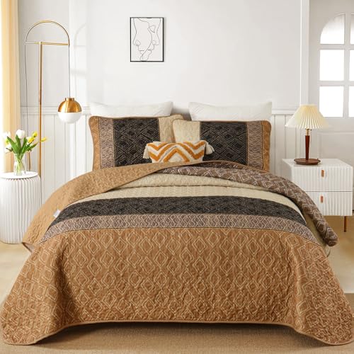 Cottolester Fall Quilt Set Queen Size 3 Pieces,Brown Striped Bedspread,Boho Plaid Bedding Set Soft Microfiber Quilt with 2 Pillow Shams 96"x90" Cottolester
