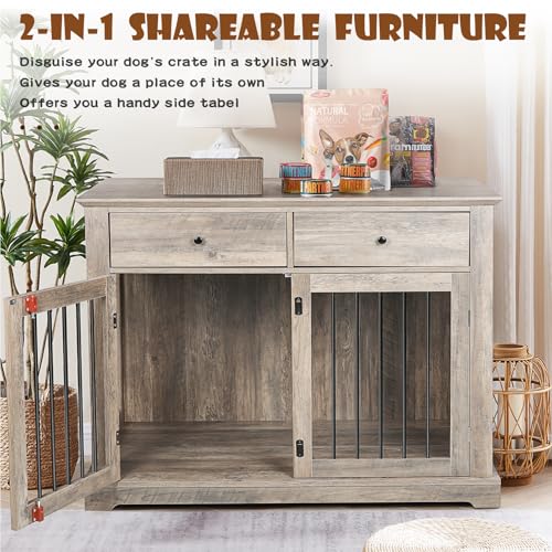 LEMBERI 44 Inch Large Dog Crate Furniture with 2 Storage Drawers, Wooden Dog Kennel Furniture as End Table, Decorative Pet Cage Dog House Indoor for Dogs LEMBERI