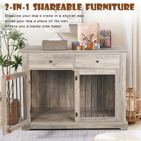 LEMBERI 44 Inch Large Dog Crate Furniture with 2 Storage Drawers, Wooden Dog Kennel Furniture as End Table, Decorative Pet Cage Dog House Indoor for Dogs LEMBERI