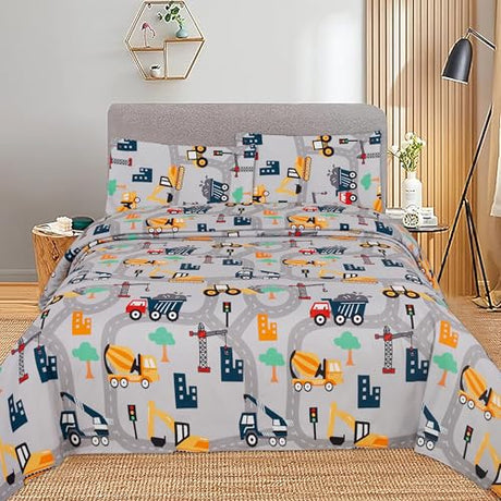 MK Collection Sheet Set Kids Teens Excavator Trucks Yellow Navy Blue Grey Red White Luxury Sheet Set New (Queen) MK Home