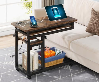 Tribesigns Small Portable Desk with Power Outlet, Height Adjustable Sofa Couch Bedside Laptop Table with Wheels, Mobile Standing Desk Rolling Computer Cart C Side Table with USB Ports - WoodArtSupply