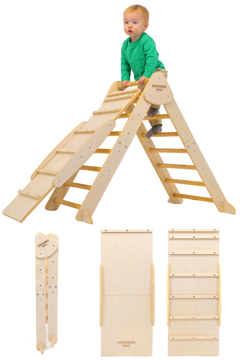 Preferred Toys Pikler Triangle - 3 in 1 Montessori Climbing Set with Slide and Wooden Climber Wall - Foldable Kids Indoor Play Equipment Gym for Boys & Girls (Pikler Triangle with Slide)