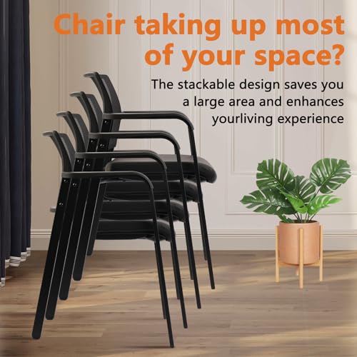 CLATINA Stackable Office Chair, Mesh Back Guest Chairs with Comfortable Leather Seat Arms Stacking Ergonomic Desk Chair No Wheels for Conference Waiting Reception School Stationary, Black, Set of 4 CLATINA
