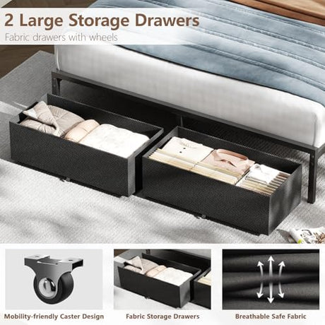 Furnulem Queen Bed Frame with Adjustable Headboard, Upholstered Bed with 2 Storage Drawers, Built-in USB Charging Station & LED Lights, Platform Bedframe with Metal Slats, No Spring Box Needed, Grey Furnulem