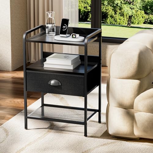 Night Stand with 1 Fabric Drawer and Sturdy Metal Frame, Modern Bedside Table Lightweight & Durable -55LB Load Capacity, Wear-Resistant & Easy-Clean Surface, Black YEYSHAOM