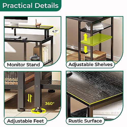 Huuger L Shaped Computer Desk with Power Outlets & LED Lights, Reversible Computer Desk with File Cabinet & Storage Shelves, Corner Desk Home Office Desk, Black - WoodArtSupply