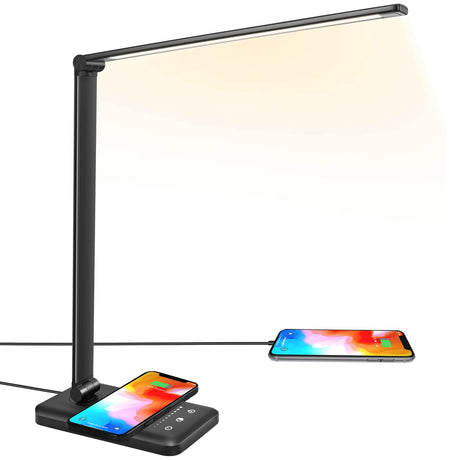 JOSTIC LED Desk Lamp with Wireless Charger, USB Charging Port, 10 Brightness, 5 Color Modes, Desk Lamps for Home Office, Dimmable Table Lamp Eye Caring Reading Light, Touch Control, Auto Timer, Black JOSTIC