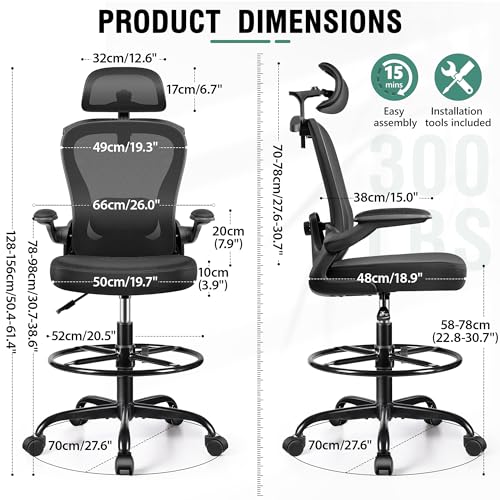 Drafting Chair, Tall Office Chair with 3D Lumbar & Head Support, Ergonomic Mesh Standing Desk Chair with Footring, Comfy Extended High Desk Chair with Flip-Up Arms & Hanger,Black AtHope