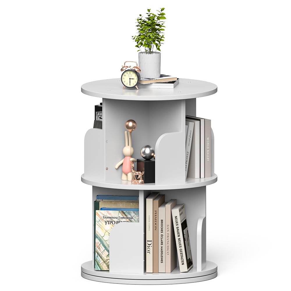 Nidouillet 2-Tier Rotating Bookshelf - Stylish White 360° Swivel Bookcase for Home and Office - WoodArtSupply