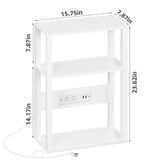 YUFAM 3-Tier Small Narrow Wood Side Table with Charging Station, Skinny Nightstand for Small Space, Slim Bedside Table with Storage for Couch, Thin End Table with USB Ports and Outlets, White YUFAM