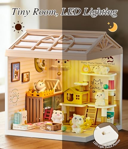 Tkmango Cat Pet Life Shop DIY Miniature House Kit with Roof & LED Light, Stackable & Connectable Dollhouse Kit with Dustproof Door, Creative DIY Crafts Building Toy Gift for Adults Teens