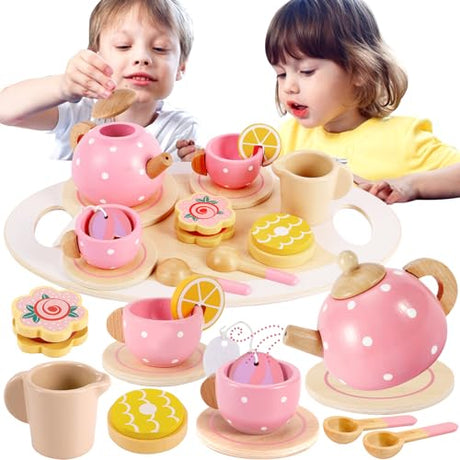 BUYGER Wooden Tea Party Set for Toddlers Little Girls with Tea Cup Teapots Food Tray Pretend Play Kitchen Accessories Cafe Toys Gifts for Ages 3-5 3 4 5 Years Old Buyger