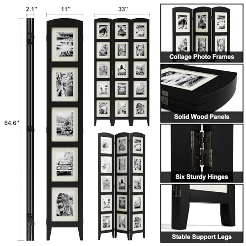 SZQINJI 3 Panel Photo Room Divider Screen, Solid Wood Divider for Room Separation for 8x10 Picture Frame Without Mat for 5x7 Photo with Mat, Black SZQINJI