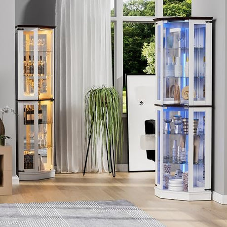 PAKASEPT 71'' Farmhouse Display Curio Cabinet with LED Lights,Tempered Glass Doors,6 Shelves,Floor Standing Display Cage Corner Wine Cabinet Storage Rack for Bar and Liquor Storage,White PAKASEPT