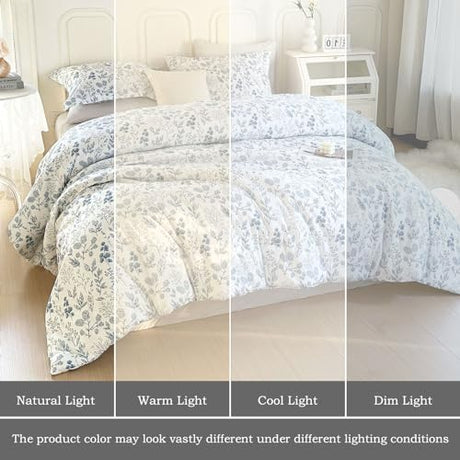 EAVD Queen Comforter Set White and Blue Floral Bedding Set for Women Soft Microfiber 3-Piece Vintage Garden Floral Comforter Set with 2 Pillowcases Botanical Bedding Set for All-Season EAVD