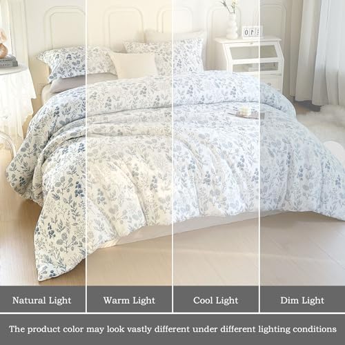 EAVD Blue Floral Comforter Set Twin/Twin XL White Soft Microfiber 3-Pieces Boho Botanical Flower Bedding Comforter Set for Girls with 2 Pillowcases Cute Fresh Botanical Bedding Set for All-Season EAVD
