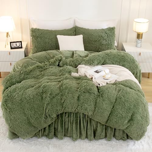 Andency Faux Fur Sage Green Comforter Set Queen Size, 3 Pieces Fluffy Fuzzy Plush Bedding Comforter Set (1 Shaggy Velvet Comforter & 2 Pillowcases), Soft Puffy Comfy Down Comforter Bedding Set