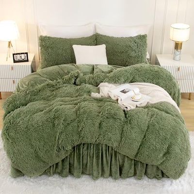 Andency Faux Fur Sage Green Comforter Set Queen Size, 3 Pieces Fluffy Fuzzy Plush Bedding Comforter Set (1 Shaggy Velvet Comforter & 2 Pillowcases), Soft Puffy Comfy Down Comforter Bedding Set