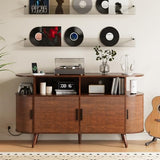 FURSUN 55" Large Round Record Player Stand, Record Storage Cabinet Holds Up 300 Albums with Charging Station & USB Ports, Fluted Modern Turntable Stand for Bedroom, Living Room, Dark Walnut FURSUN