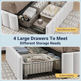 Allewie Queen Size Platform Bed Frame with 4 Large Storage Drawers, Velvet Vertical Channel Tufted Upholstered Bed Base, Wooden Slats Support, Noise-Free, No Box Spring Needed, Easy Assembly, White Allewie
