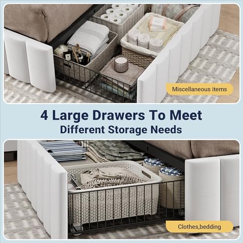 Allewie Full Size Platform Bed Frame with 4 Large Storage Drawers, Velvet Vertical Channel Tufted Upholstered Bed Base, Wooden Slats Support, Noise-Free, No Box Spring Needed, Easy Assembly, White Allewie
