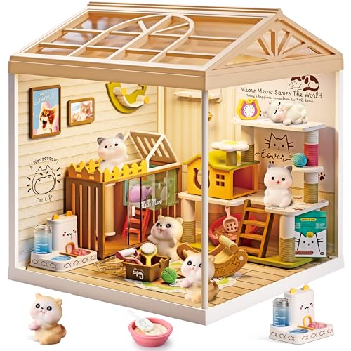 Tkmango Cat Pet Life Shop DIY Miniature House Kit with Roof & LED Light, Stackable & Connectable Dollhouse Kit with Dustproof Door, Creative DIY Crafts Building Toy Gift for Adults Teens