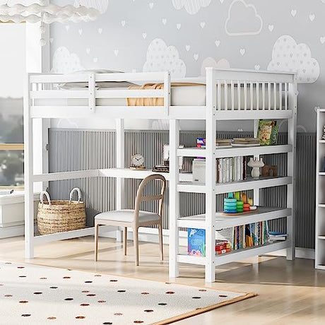 Merax Full Size White Wood Loft Bed with Under-Bed Desk and Storage Shelves Merax