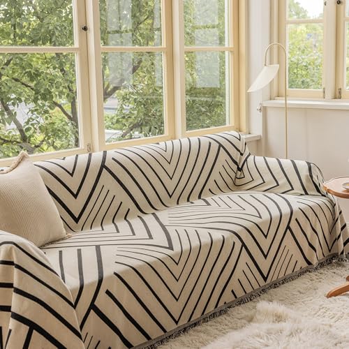 VClife Soft Chenille Couch Cover Modern Geometric Herringbone Jacquard Sofa Slipcover Black Beige Cream Arrow L Shape Futon Sofa Cover Furniture Protector with Lace, Fade Resistant, Easy Care