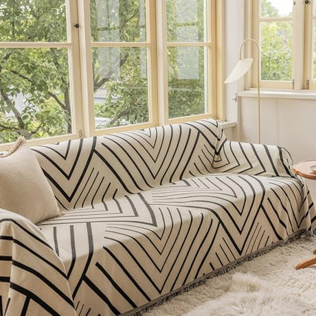 VClife Soft Chenille Couch Cover Modern Geometric Herringbone Jacquard Sofa Slipcover Black Beige Cream Arrow L Shape Futon Sofa Cover Furniture Protector with Lace, Fade Resistant, Easy Care VClife