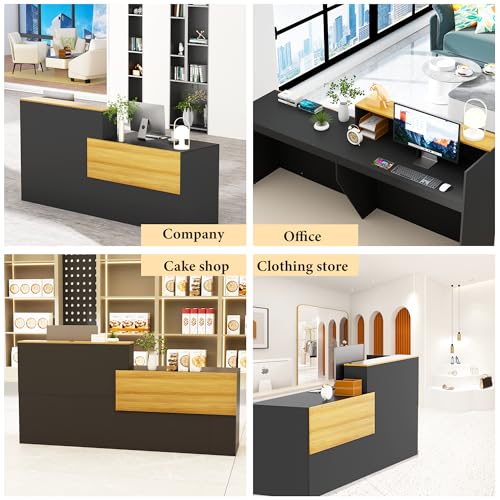 Reception Desk with Counter with Storage Shelves Modern Front Desk Large Wooden Commercial Reception Counter for Checkout, Lobby, Beauty Salon,Office,Black