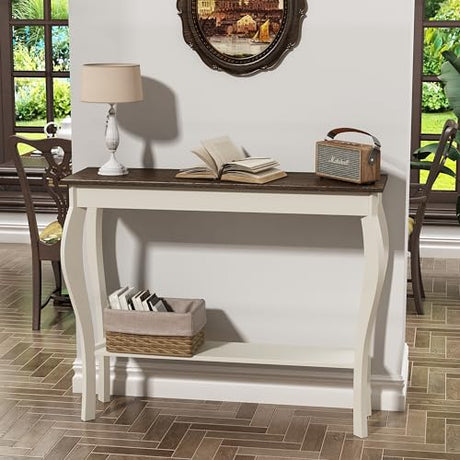 ChooChoo Narrow Farmhouse Console Table, Chic Accent Sofa Table, Entryway Table, Antique White & Brown ChooChoo