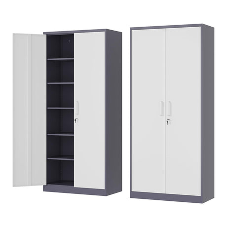 Fesbos Metal Storage Cabinet-72” Tall Steel File Cabinets with Lockable Doors and 5 Adjustable Shelves-Gray&White Steel Storage Cabinet for Home, School, Office, Garage Fesbos