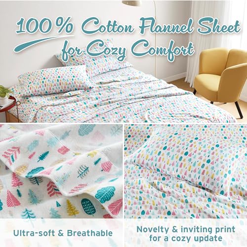 Intelligent Design Cozy Soft 100% Cotton Flannel Sheets, Breathable Festive & Adorable Print Cotton Flannel Sheet Set, Deep Pocket Sheet Fits Up to 16" Mattress, Full White Holiday Trees 4 Piece Intelligent Design