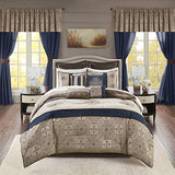 Madison Park Essentials Delaney 24-Piece Room In A Bag Comforter Set-Satin Jacquard All Season Luxury Bedding, Sheets, decorative pillows and Curtains, Valance, Queen (90 in x 90 in), Medallion Navy Madison Park