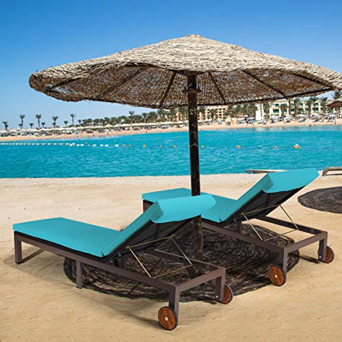 Tangkula Patio Chaise Lounge Chair, Outdoor Rattan Lounger Recliner Chair with Wheels, Wicker Chaise Chair W/Cushioned Seating, Recliner 5-Position Adjustable for Garden Patio Poolside (1, Turquoise)