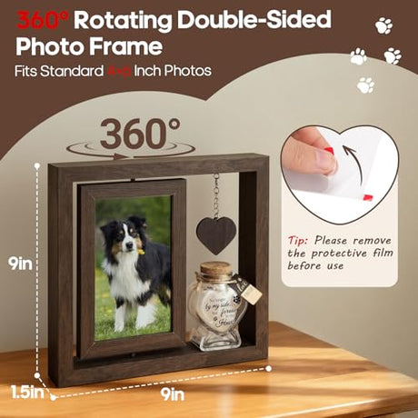 BluBrk Dog Memorial Gifts for Loss of Dog – Rotating Wooden 4x6 Picture Frame with Fur Keepsake Jar & Writable Name Card, Pet Remembrance Sympathy Gift for Dog & Cat Lovers (Brown) BluBrk