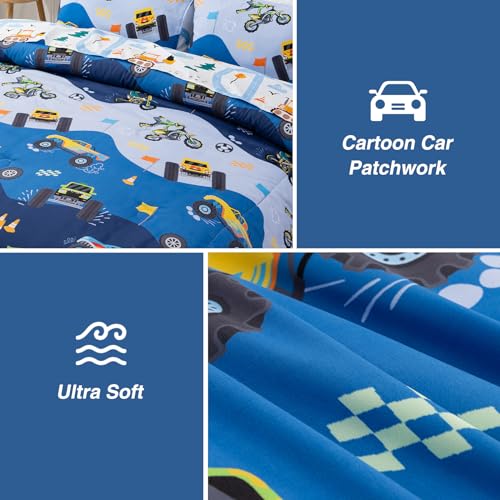 A Nice Night 5Pcs Bed in A Bag Cartoon Cartoon Car Kids Comforter Set Construction Bedding Set, Race Car Motorcycle Truck Pickup Printed, Twin,Dark Blue A Nice Night