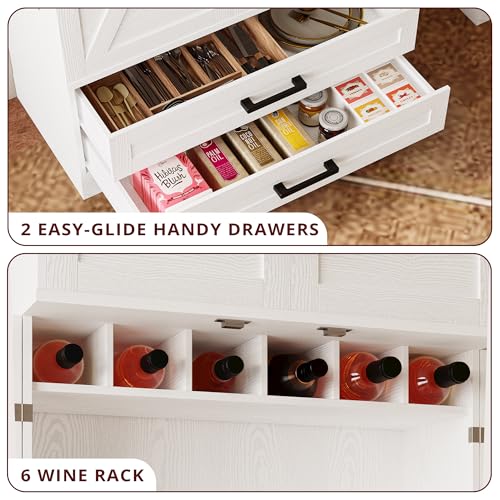 IRONCK Kitchen Pantry 72" Height, with 8 Hanging Shelves, 2 Drawers and Open Storage Cabinet, Freestanding Cupboard for Dining Room Living Room,Industrial White IRONCK