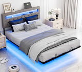 VINGLI Floating Bed Frame Queen with Charging Station,RGB LED Lights, Metal Platform Bed with Upholstered Headboard, Adjustable Height, Gray VINGLI