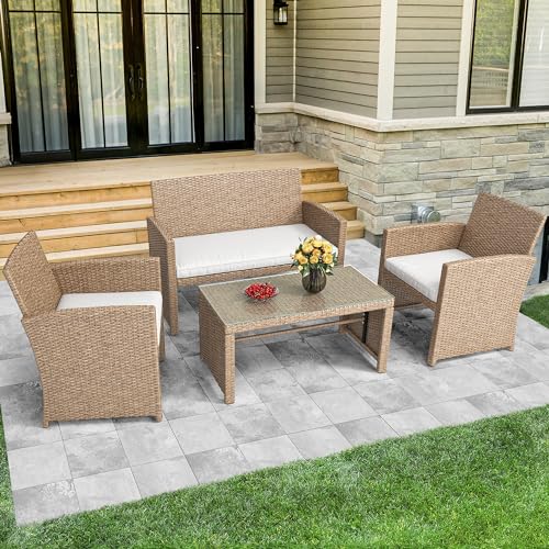 YITAHOME 4-Piece Patio Bistro Set, All-Weather Outdoor Patio Furniture Rattan Wicker Loveseat Conversation Set with Glass Side Table and Soft Cushions, Light Brown+Beige - WoodArtSupply