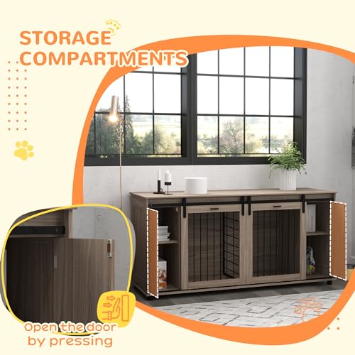 PawHut Dog Crate Furniture with Removable Divider for 2 Small Dogs or 1 Large Dog, 71" Modern Kennel Furniture End Table with Storage, Double Doors, Walnut PawHut