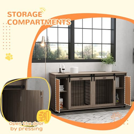 PawHut Dog Crate Furniture with Removable Divider for 2 Small Dogs or 1 Large Dog, 71" Modern Kennel Furniture End Table with Storage, Double Doors, Walnut PawHut
