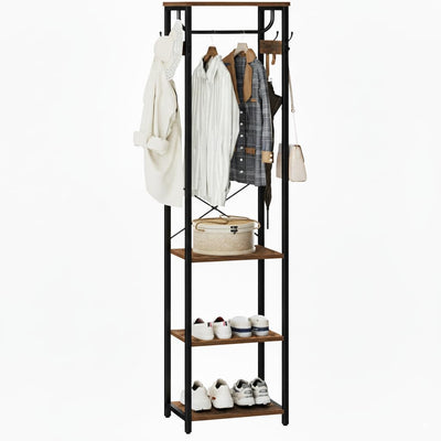 Cerlyunzan Coat Rack With Hanging Rod, Garment Rack With 3 Wooden Shelves and 4 Hooks, Freestanding Hall Tree, Industrial Clothes Rack Stand Organizer, Rustic Brown and Black