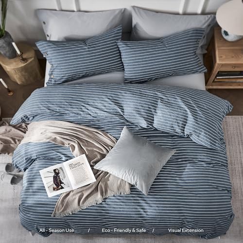 JELLYMONI Cotton Duvet Cover Twin Size - Blue Pinstriped Comforter Cover with Button 100% Washed Cotton 2PCS Breathable Soft Solid Bedding Set Duvet Cover 68×90in & 1 Pillowcase (NO Comforter) JELLYMONI