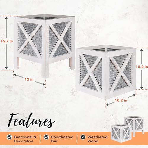 Autumn Alley Farmhouse Front Porch Planters Set of 2 Stand with Galvanized Corrugated Metal Planters for Outdoors/Indoors - Rustic Wood Square Planters Box on Legs – Charming Farmhouse Décor, White Autumn Alley