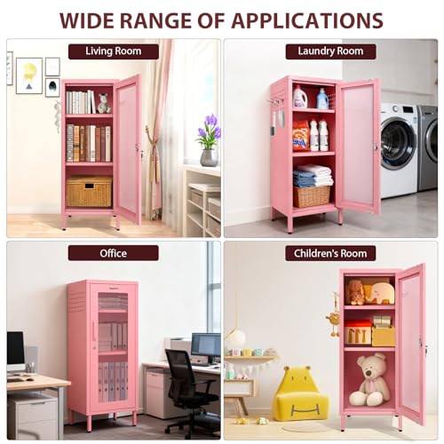 Metal Storage Cabinet, 39.37" H Small Pink Metal Locker Cabinets with Lockable Mesh Door and Handle, 2 Adjustable Shelves, 2 Pegboards & 6 Hooks for Home, Office, Bedroom, Kitchen, Assembly Required ANGELBECKE