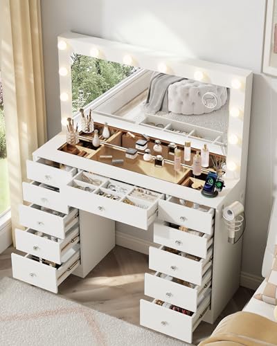 Otterease White Makeup Vanity, 11 Drawers Vanity with Mirror and 12 LED Lights, Makeup Vanity Desk with 3 Lighting Modes Adjustable Brightness, Vanity with Glass Top for Bedroom Otterease